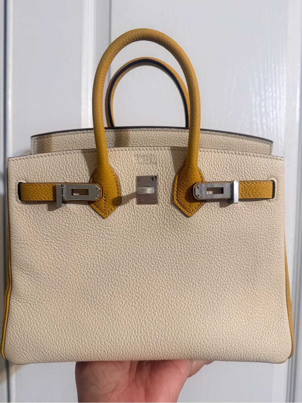 Two-Tone Cream and Mustard Leather Top-Handle Bag